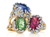 Jean Schlumberger, the renowned Tiffany & Co. designer, presents a tourmaline flower ring frosted with detailed round-cut diamonds.